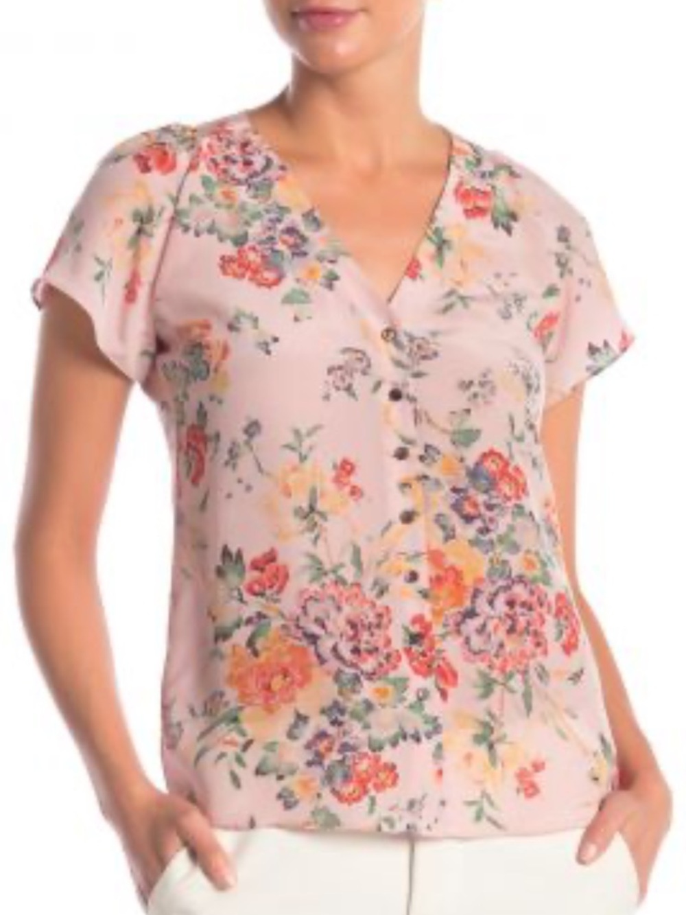 Rebecca Taylor Marlena floral silk short sleeve blouse vneck button front size 2